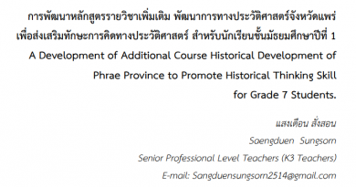 การพัฒนาหลักสูตรรายวิชาเพิ่มเติม พัฒนาการทางประวัติศาสตร์จังหวัดแพร่ เพื่อส่งเสริมทักษะการคิดทางประวัติศาสตร์สำหรับนักเรียนชั้นมัธยมศึกษาปีที่1 A Development of Additional Course Historical Development of Phrae Province to Promote Historical Thinking Skill for Grade 7 Students.