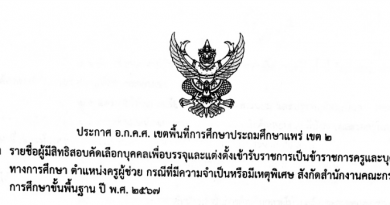 ประกาศรายชื่อผู้มีสิทธิสอบคัดเลือกบุคคลเพื่อบรรจุและแต่งตั้งเข้ารับราชการเป็นข้าราชการครูและบุคลากรทางการศึกษา ตำแหน่งครูผู้ช่วย  กรณีที่มีความจําเป็นหรือมีเหตุพิเศษ สังกัดสำนักงานคณะกรรมการการศึกษาขั้นพื้นฐาน ปี พ.ศ. 2567